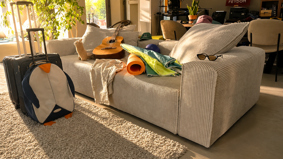 FEYDOM Bard Sofa im Cord Pearl mit gepacktem Koffer vor der Abreise