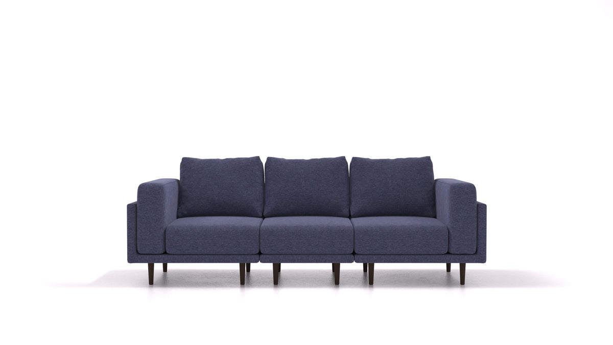 Clooods 3S, modulares Sofa von FEYDOM im Stoff Velare ET-80 Noble Blue, dunkle Füße