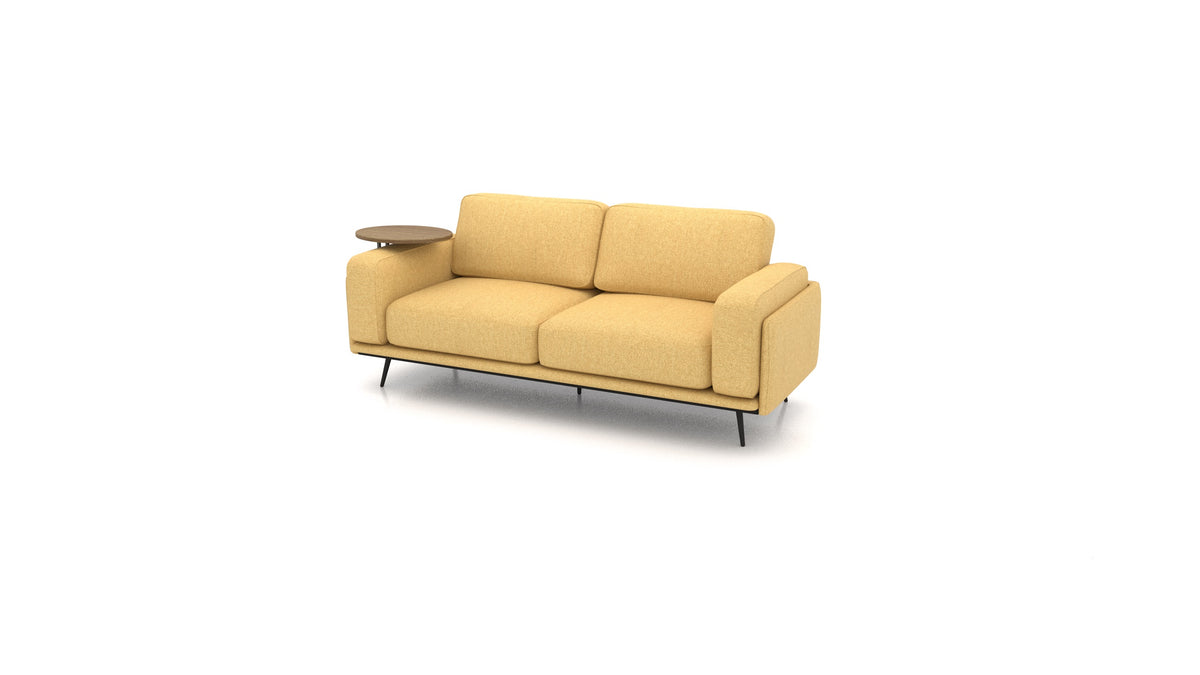 OIKO Dreisitzer mit Holz-Beistelltisch, modulares Sofa von FEYDOM im Stoff Alure DE-48 Yellow, dunkles Holz
