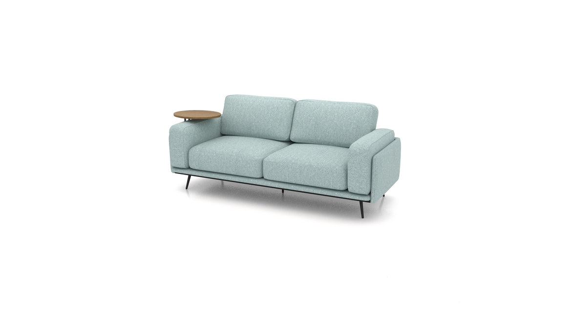 OIKO Dreisitzer mit Holz-Beistelltisch, modulares Sofa von FEYDOM im Stoff Alure DE-75 Pastel Blue, dunkles Holz