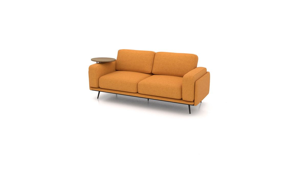 OIKO Dreisitzer mit Holz-Beistelltisch, modulares Sofa von FEYDOM im Stoff Velare ET-48 Antic Gold, dunkles Holz