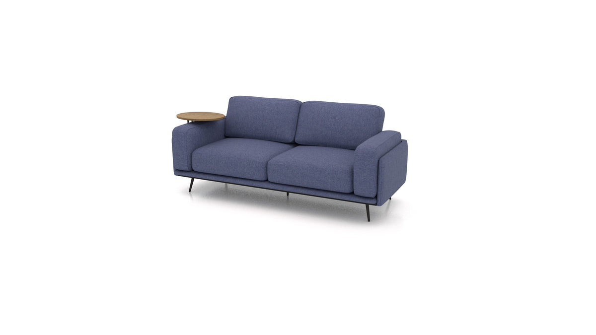 OIKO Dreisitzer mit Holz-Beistelltisch, modulares Sofa von FEYDOM im Stoff Velare ET-80 Noble Blue, dunkles Holz