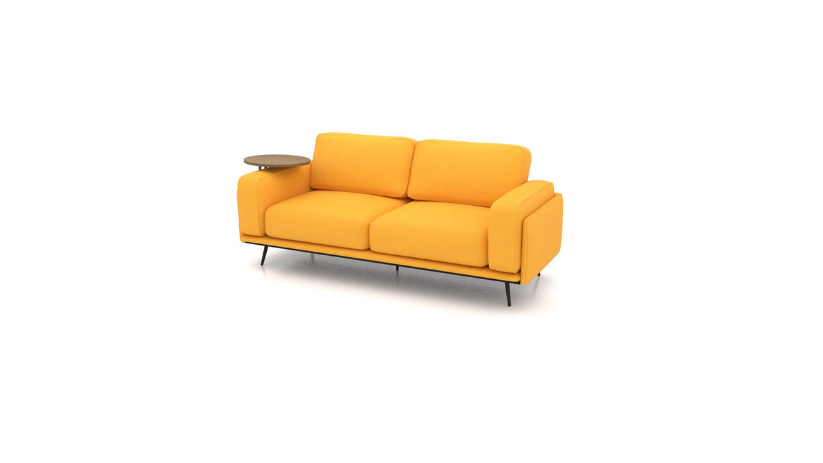 OIKO Dreisitzer mit Holz-Beistelltisch, modulares Sofa von FEYDOM im Stoff Mollia FF-16 Yellow, dunkles Holz