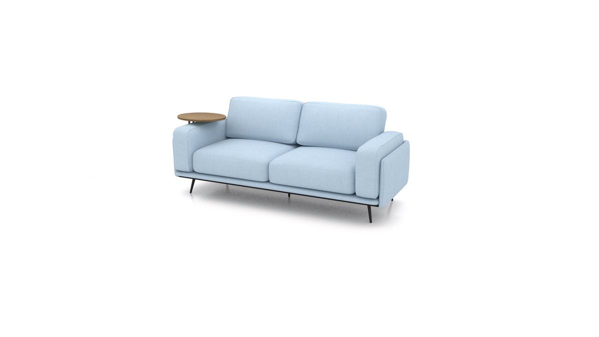 OIKO Dreisitzer mit Holz-Beistelltisch, modulares Sofa von FEYDOM im Stoff Mollia FF-19 Pastel Blue, dunkles Holz