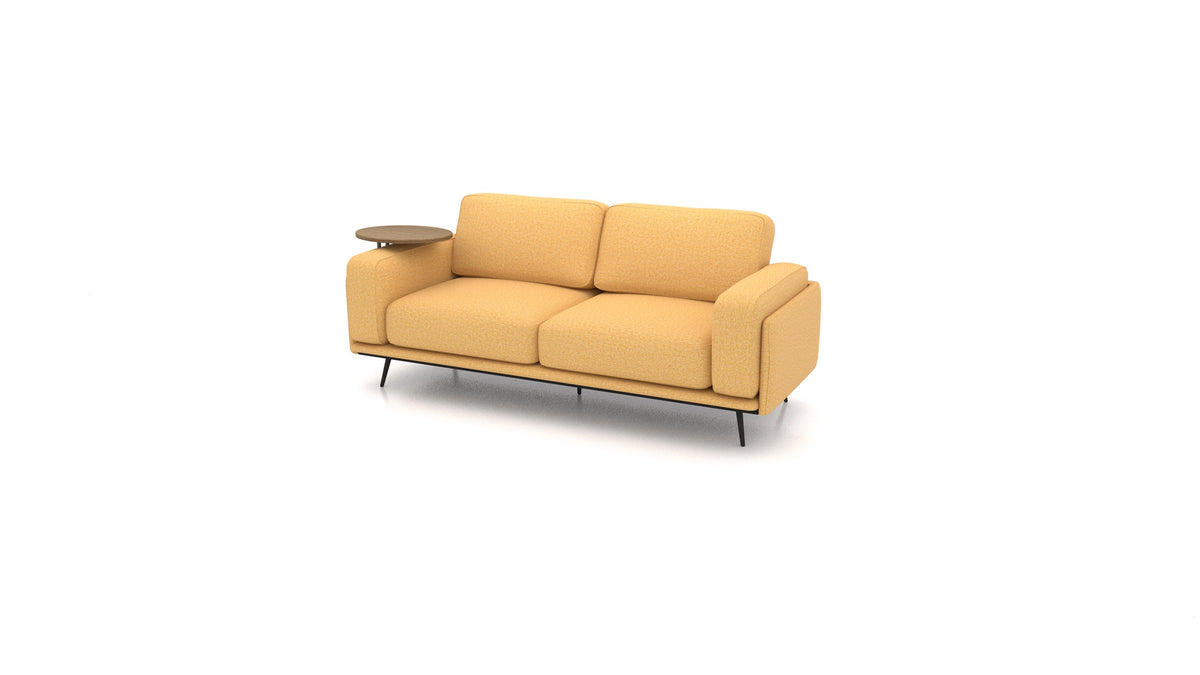 OIKO Dreisitzer mit Holz-Beistelltisch, modulares Sofa von FEYDOM im Stoff Hygge HG-53 Yellow, dunkles Holz