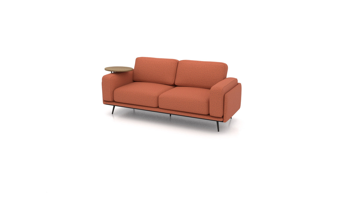 OIKO Dreisitzer mit Holz-Beistelltisch, modulares Sofa von FEYDOM im Stoff Hygge HG-56 Terracotta, dunkles Holz