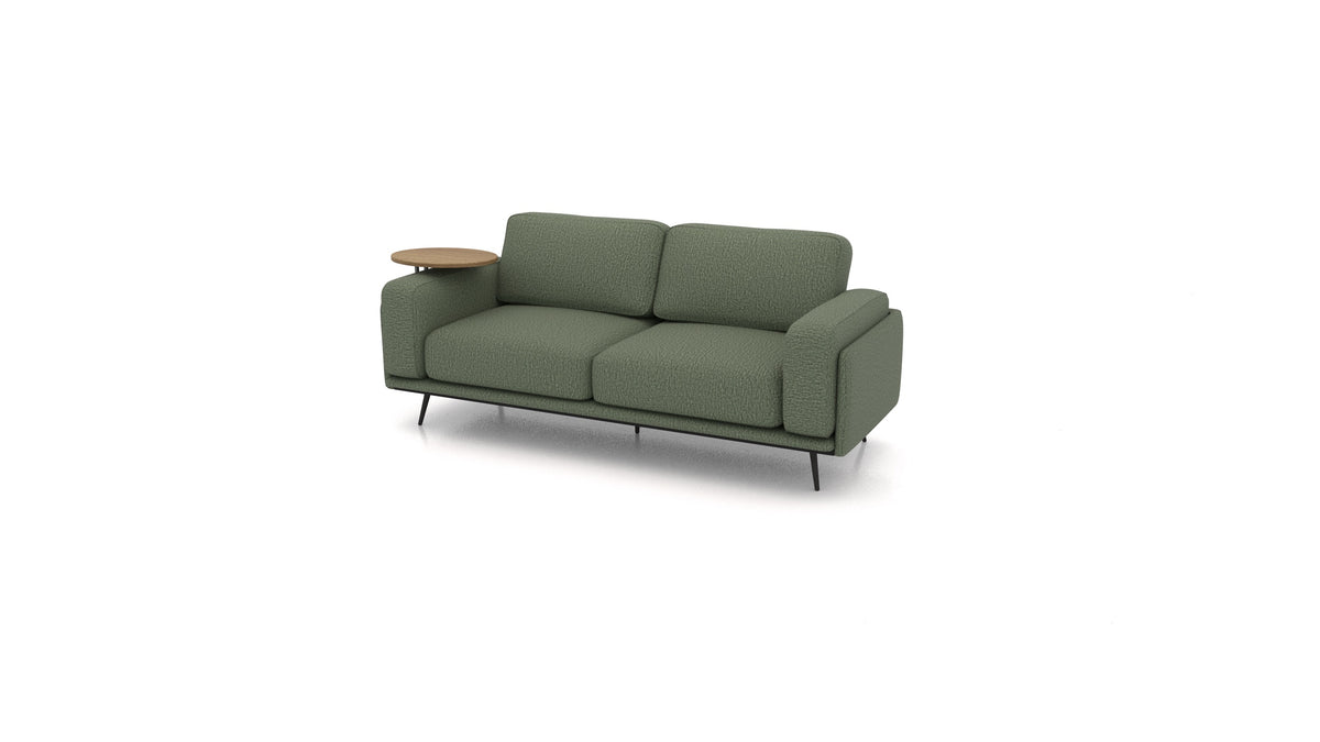 OIKO Dreisitzer mit Holz-Beistelltisch, modulares Sofa von FEYDOM im Stoff Heim HM-39 Forest, dunkles Holz
