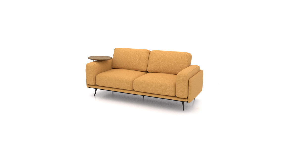 OIKO Dreisitzer mit Holz-Beistelltisch, modulares Sofa von FEYDOM im Stoff Heim HM-53 Antique Gold, dunkles Holz
