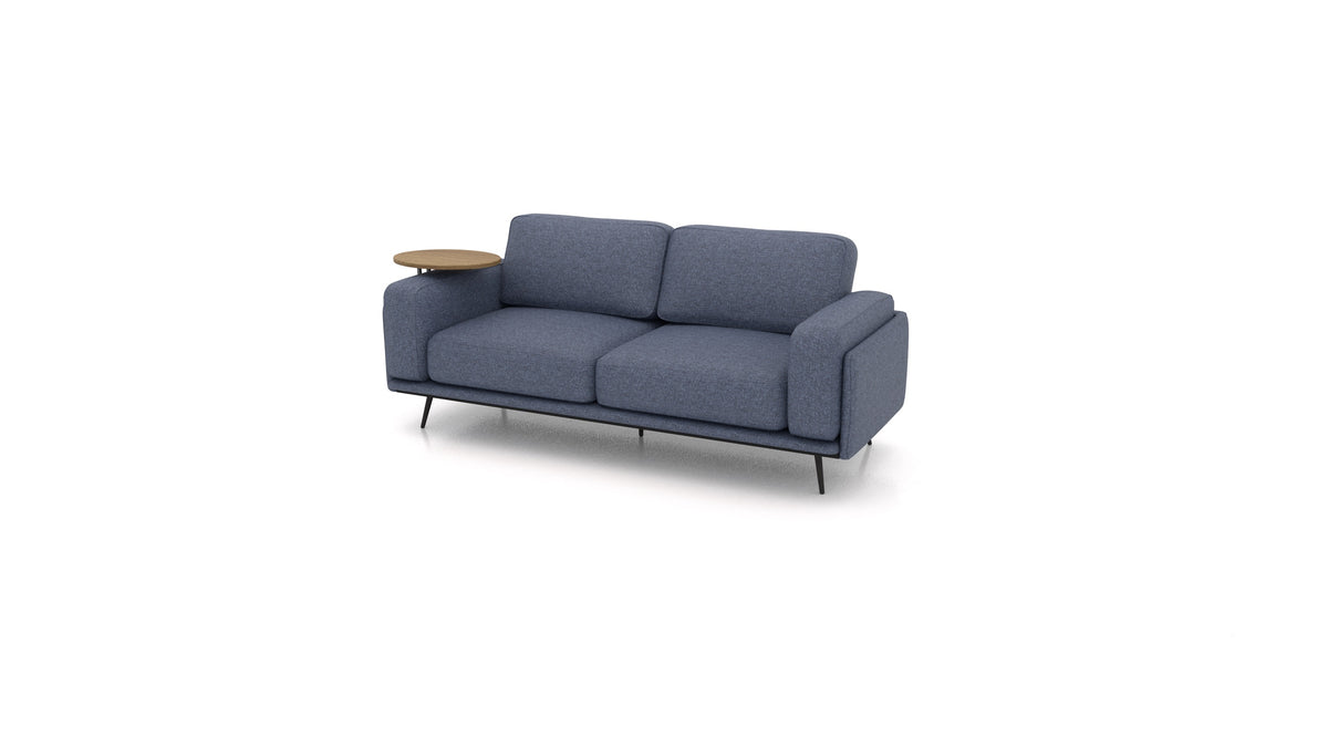 OIKO Dreisitzer mit Holz-Beistelltisch, modulares Sofa von FEYDOM im Stoff Icon IC-79 Deep Blue, dunkles Holz
