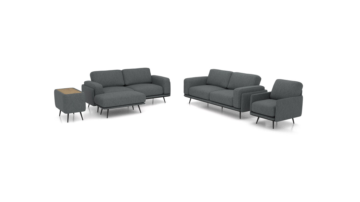 OIKO L+, modulares Sofa von FEYDOM im Stoff Astra AT-88 Dark Grey, dunkles Holz