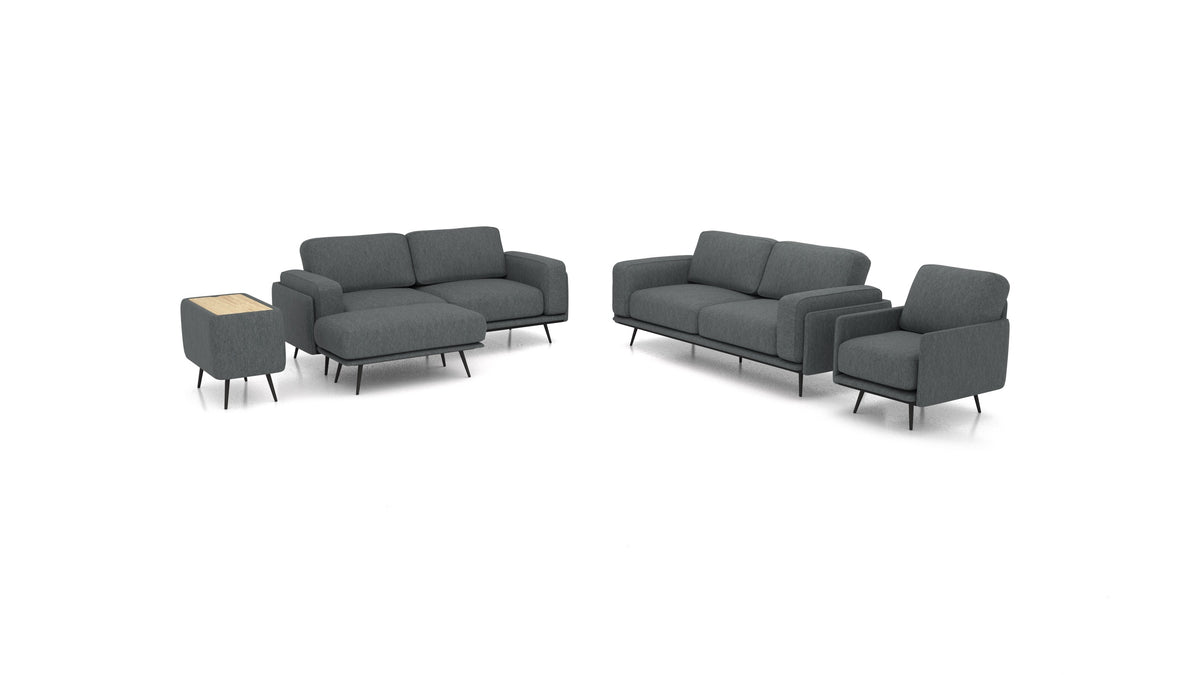 OIKO L+, modulares Sofa von FEYDOM im Stoff Astra AT-88 Dark Grey, helles Holz
