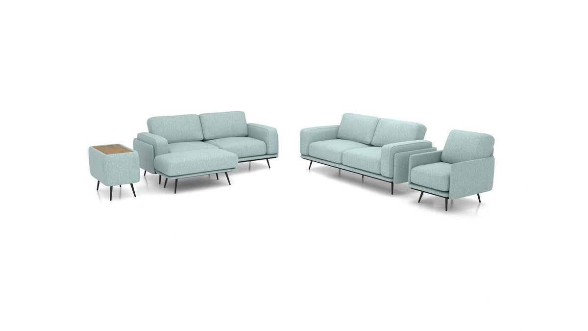 OIKO L+, modulares Sofa von FEYDOM im Stoff Alure DE-75 Pastel Blue, dunkles Holz