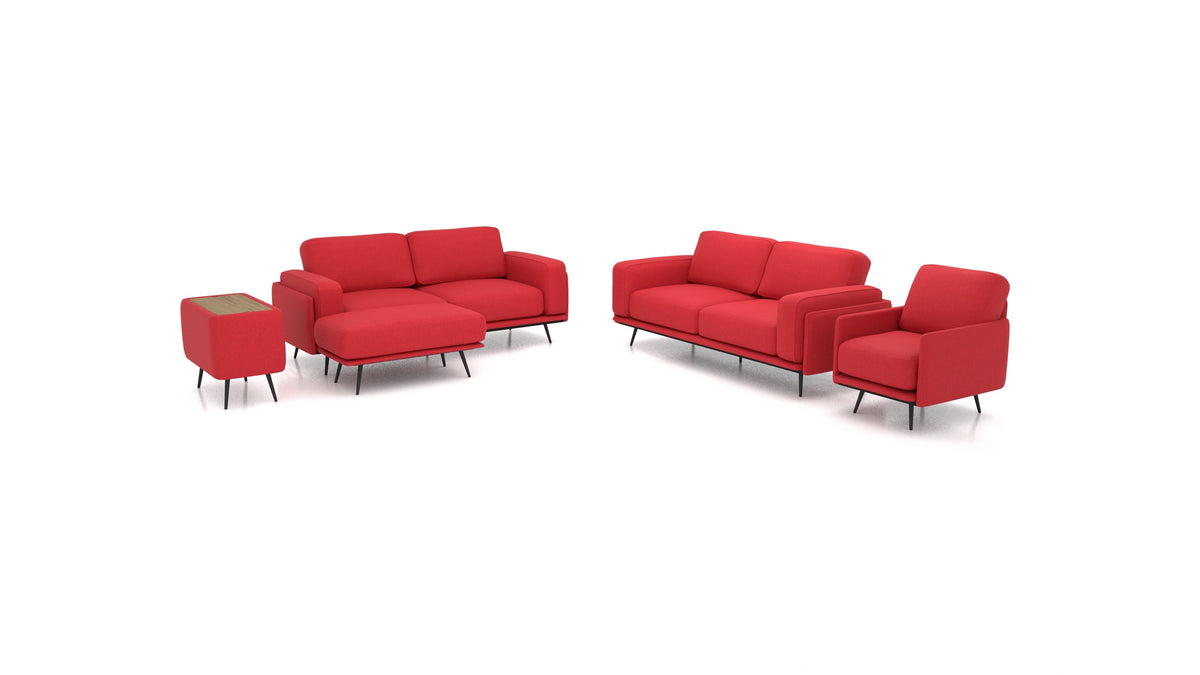 OIKO L+, modulares Sofa von FEYDOM im Stoff Velare ET-11 Red, dunkles Holz