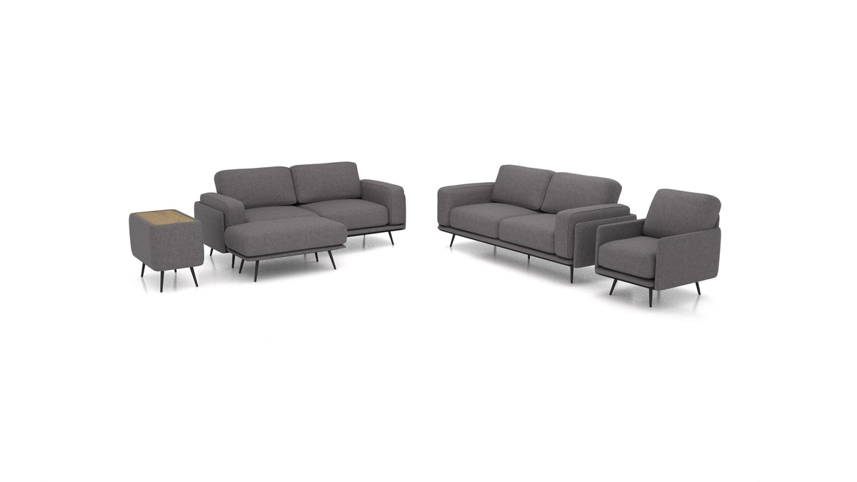 OIKO L+, modulares Sofa von FEYDOM im Stoff Velare ET-12 Dark Grey, dunkles Holz