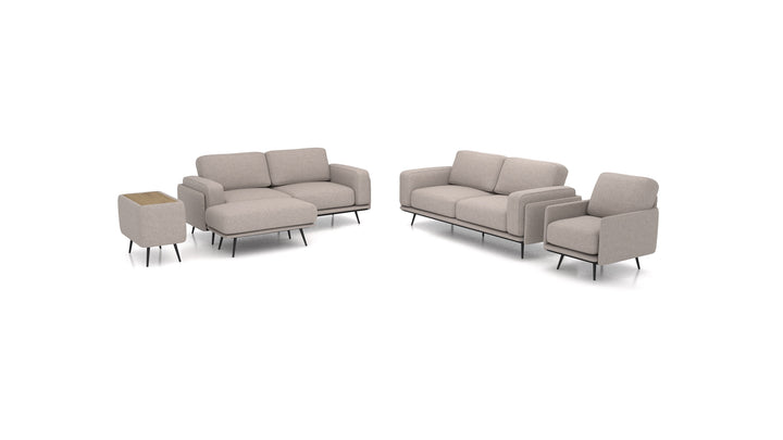 OIKO L+, modulares Sofa von FEYDOM im Stoff Velare ET-15 Light Grey, dunkles Holz