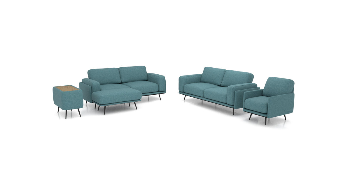 OIKO L+, modulares Sofa von FEYDOM im Stoff Velare ET-16 Turquoise, dunkles Holz