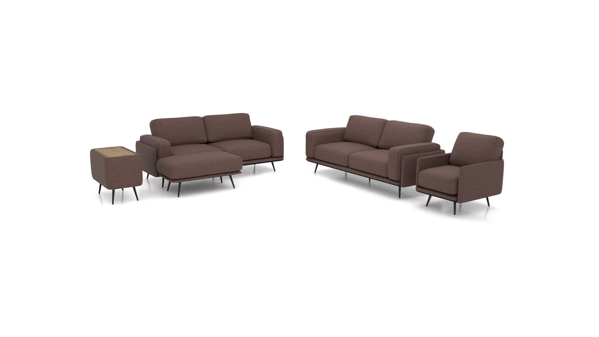 OIKO L+, modulares Sofa von FEYDOM im Stoff Velare ET-27 Chocolate, dunkles Holz