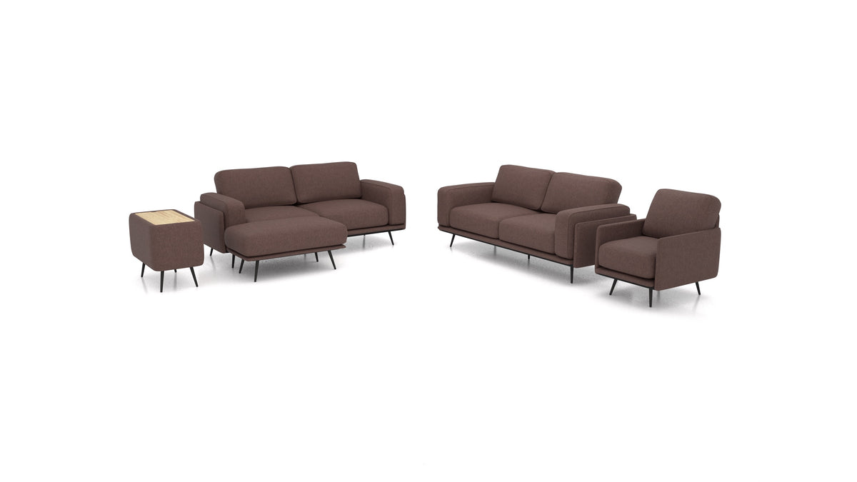 OIKO L+, modulares Sofa von FEYDOM im Stoff Velare ET-27 Chocolate, helles Holz