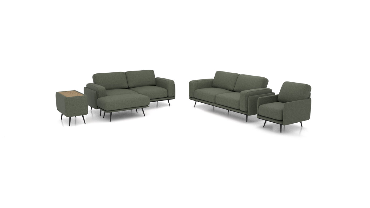 OIKO L+, modulares Sofa von FEYDOM im Stoff Velare ET-38 Pine, dunkles Holz