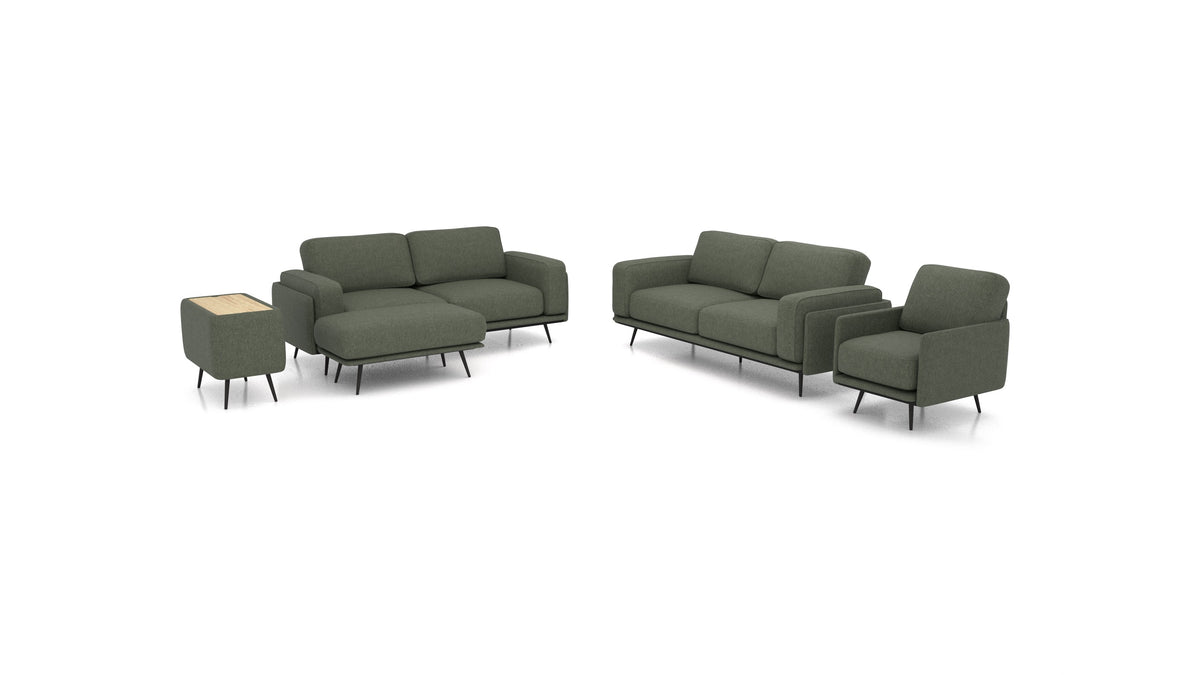 OIKO L+, modulares Sofa von FEYDOM im Stoff Velare ET-38 Pine, helles Holz