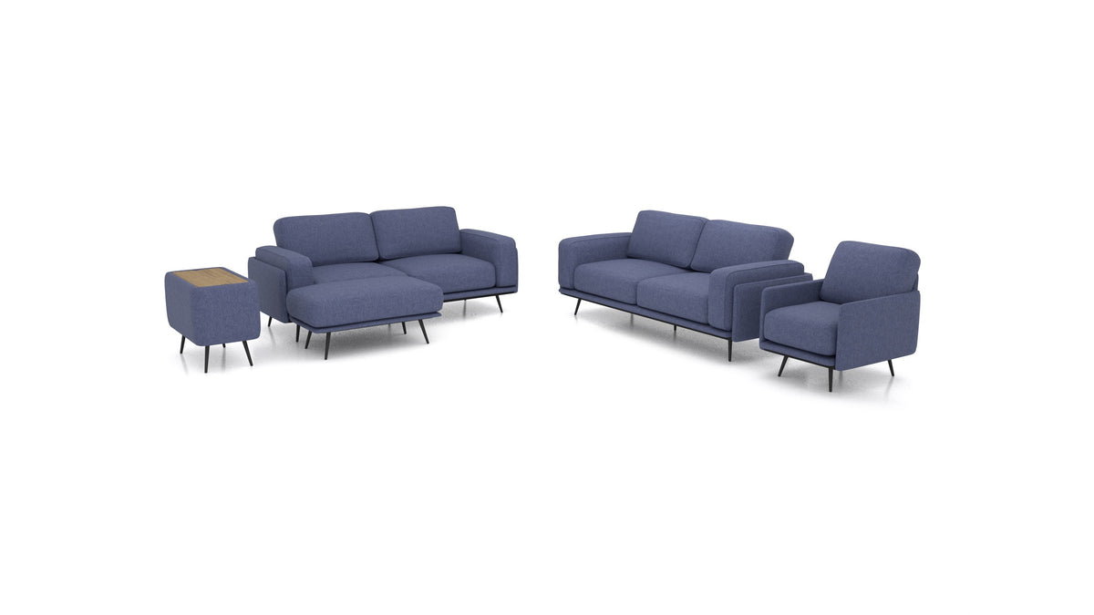 OIKO L+, modulares Sofa von FEYDOM im Stoff Velare ET-80 Noble Blue, dunkles Holz