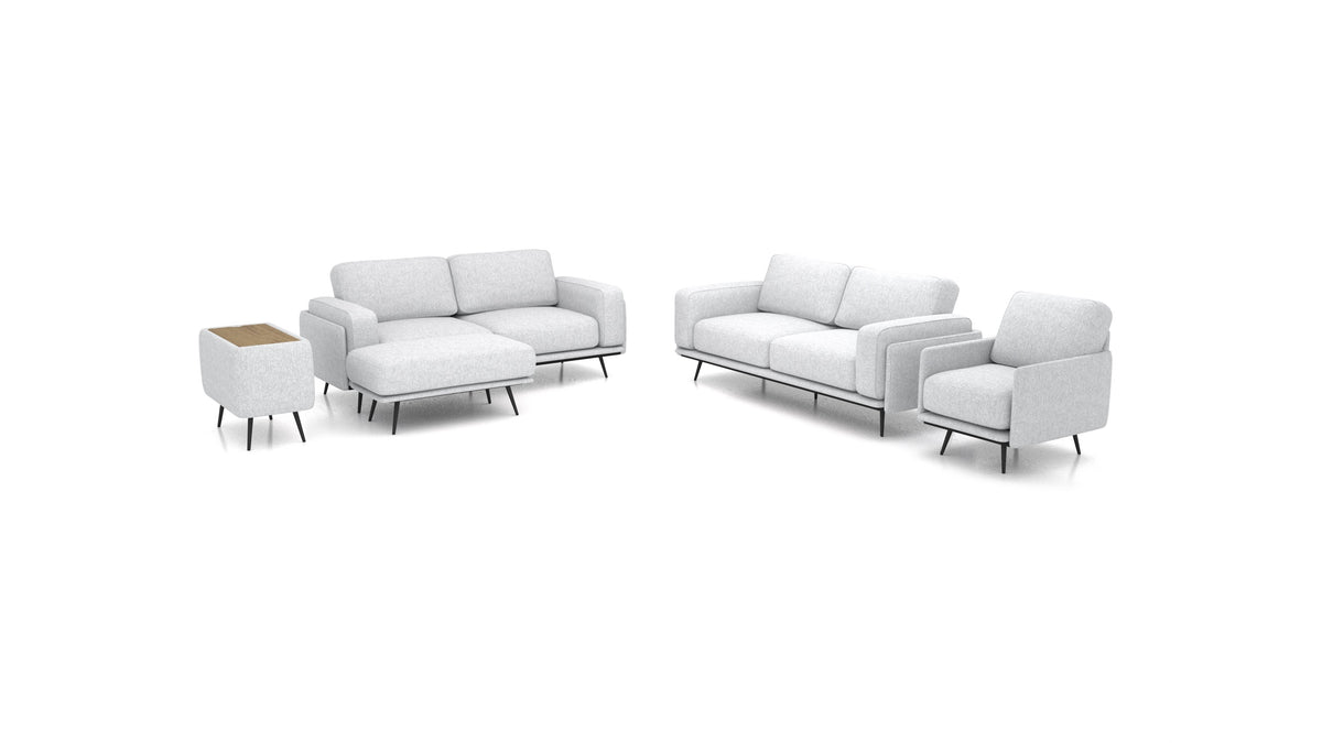 OIKO L+, modulares Sofa von FEYDOM im Stoff Velare ET-90 Light Aquamarine, dunkles Holz