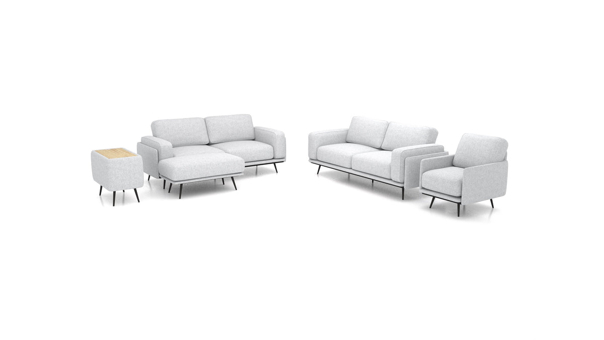 OIKO L+, modulares Sofa von FEYDOM im Stoff Velare ET-90 Light Aquamarine, helles Holz