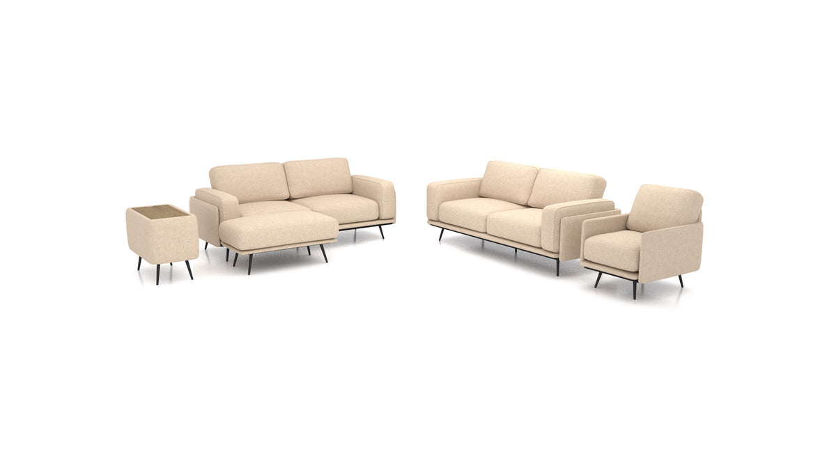 OIKO L+, modulares Sofa von FEYDOM im Stoff Velare ET-99 Latte, dunkles Holz