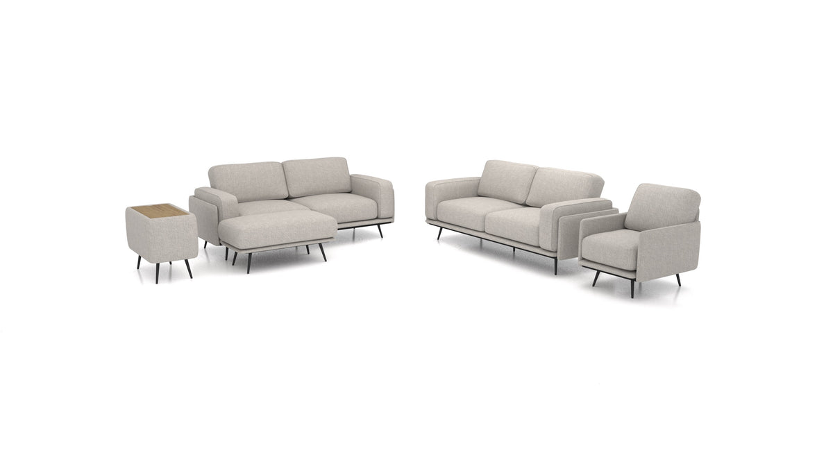 OIKO L+, modulares Sofa von FEYDOM im Stoff Phoenix FE-84 Middle Grey, dunkles Holz