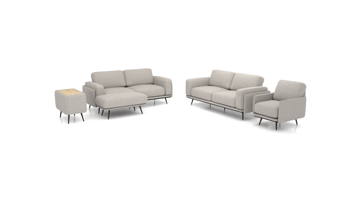 OIKO L+, modulares Sofa von FEYDOM im Stoff Phoenix FE-84 Middle Grey, helles Holz