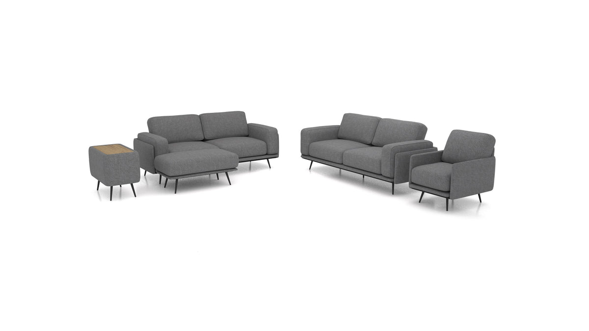 OIKO L+, modulares Sofa von FEYDOM im Stoff Phoenix FE-92 Dark Grey, dunkles Holz