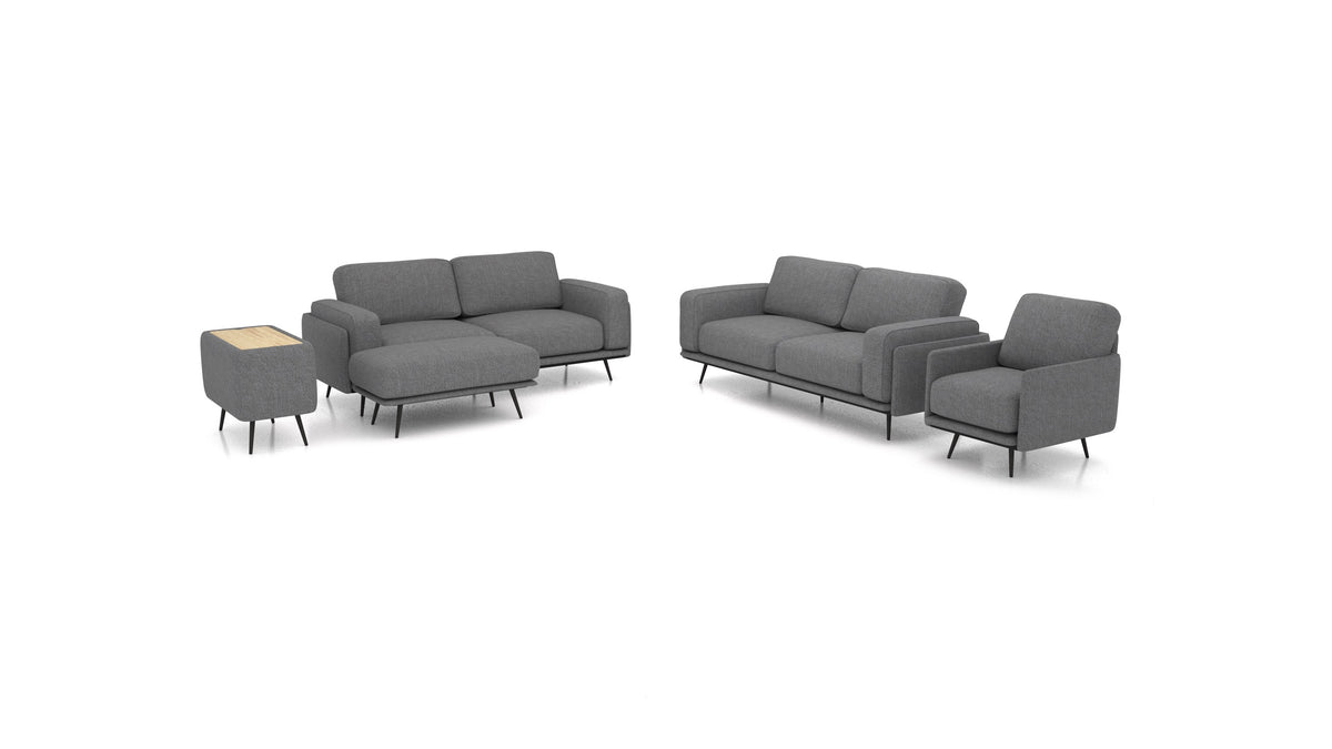 OIKO L+, modulares Sofa von FEYDOM im Stoff Phoenix FE-92 Dark Grey, helles Holz