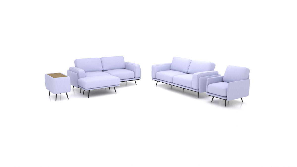 OIKO L+, modulares Sofa von FEYDOM im Stoff Mollia FF-17 Lavander, dunkles Holz