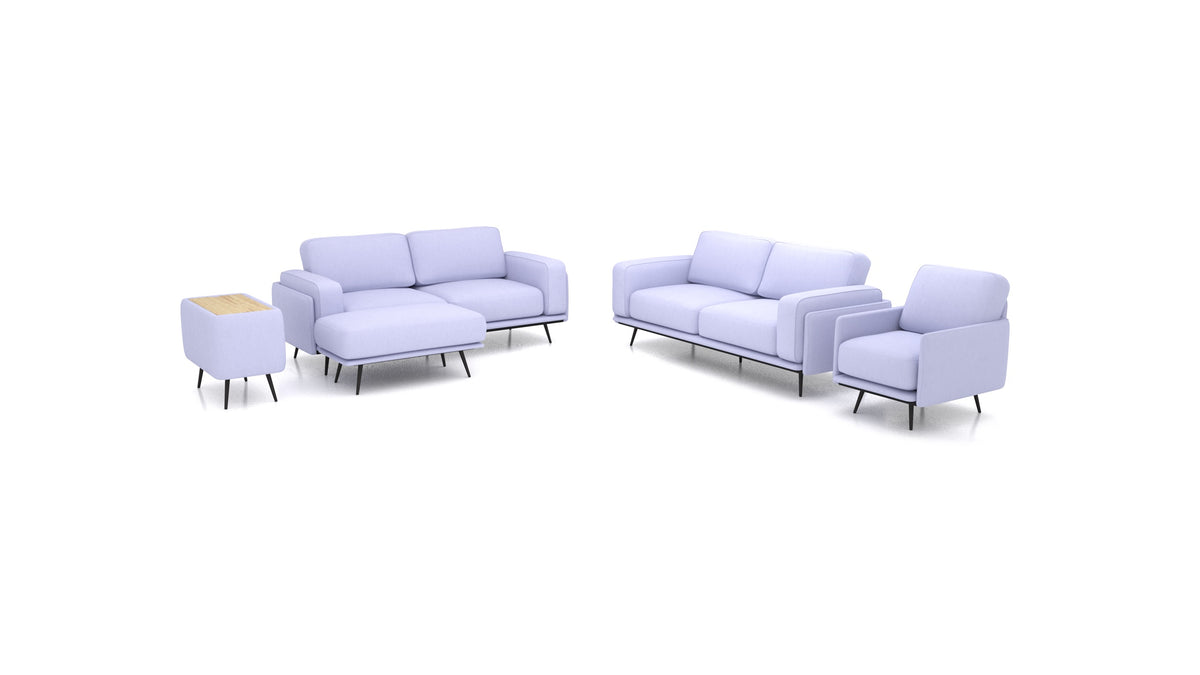 OIKO L+, modulares Sofa von FEYDOM im Stoff Mollia FF-17 Lavander, helles Holz
