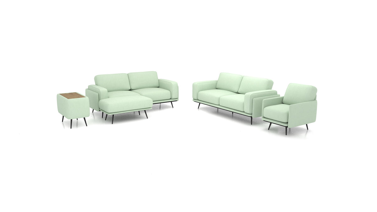 OIKO L+, modulares Sofa von FEYDOM im Stoff Mollia FF-18 Mint, dunkles Holz
