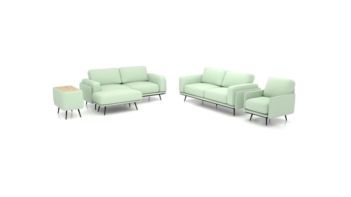 OIKO L+, modulares Sofa von FEYDOM im Stoff Mollia FF-18 Mint, helles Holz