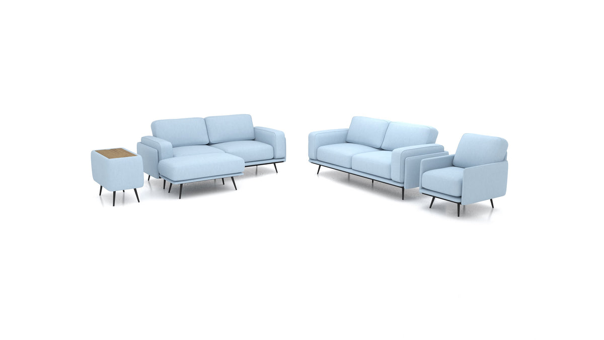 OIKO L+, modulares Sofa von FEYDOM im Stoff Mollia FF-19 Pastel Blue, dunkles Holz