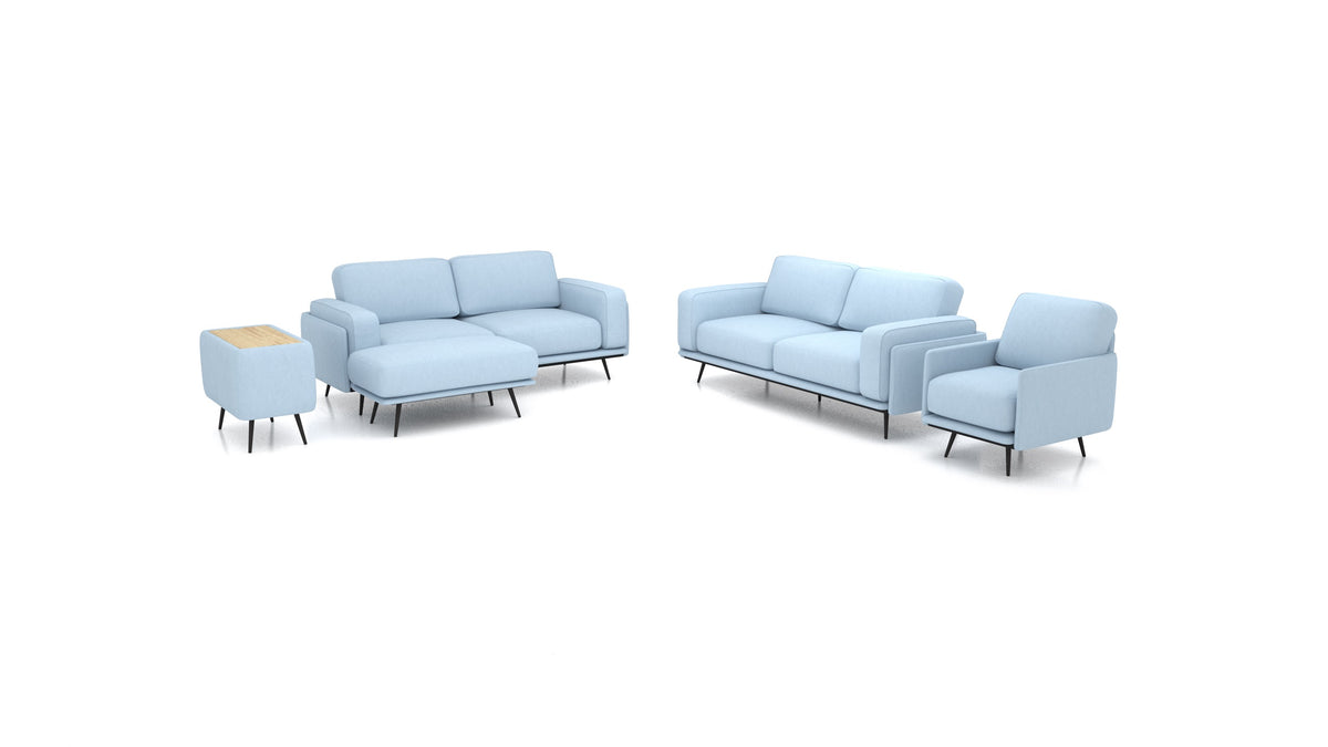 OIKO L+, modulares Sofa von FEYDOM im Stoff Mollia FF-19 Pastel Blue, helles Holz