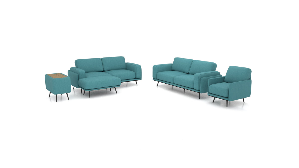OIKO L+, modulares Sofa von FEYDOM im Stoff Mollia FF-20 Turquoise, dunkles Holz
