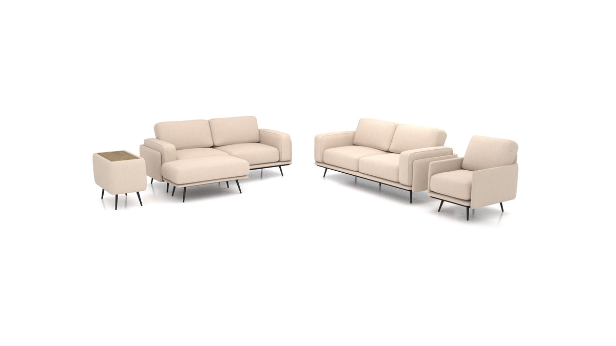 OIKO L+, modulares Sofa von FEYDOM im Stoff Mollia HC-03 Honey, dunkles Holz