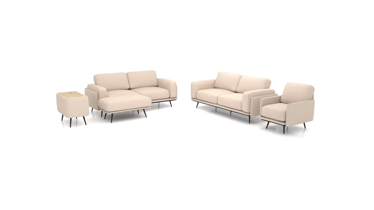 OIKO L+, modulares Sofa von FEYDOM im Stoff Mollia HC-03 Honey, helles Holz