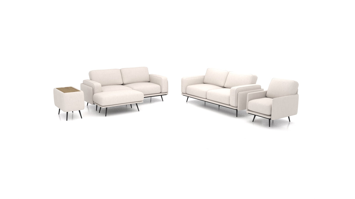 OIKO L+, modulares Sofa von FEYDOM im Stoff Mollia HC-04 White, dunkles Holz