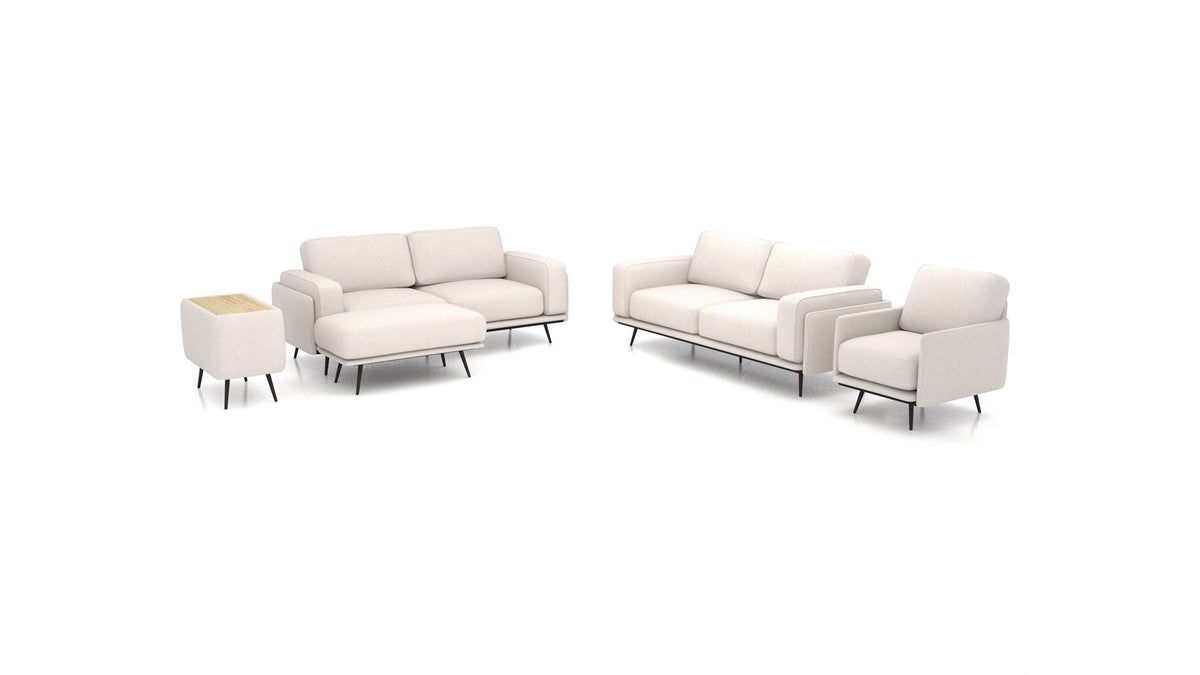 OIKO L+, modulares Sofa von FEYDOM im Stoff Mollia HC-04 White, helles Holz