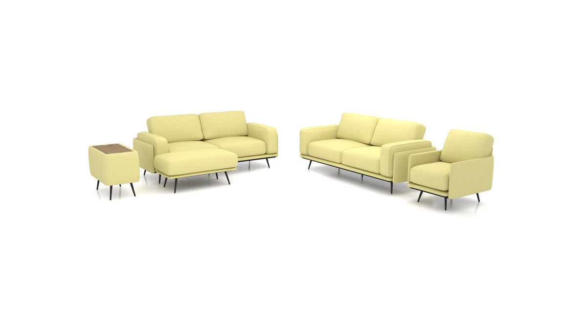 OIKO L+, modulares Sofa von FEYDOM im Stoff Mollia HC-09 Grass Green, dunkles Holz