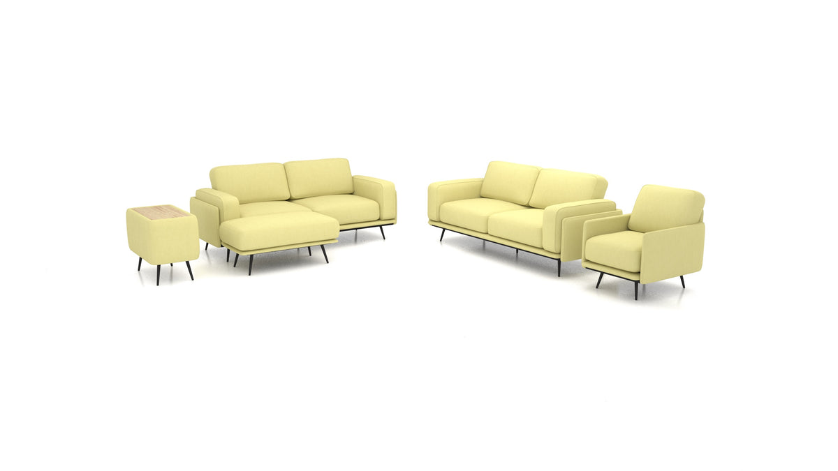 OIKO L+, modulares Sofa von FEYDOM im Stoff Mollia HC-09 Grass Green, helles Holz