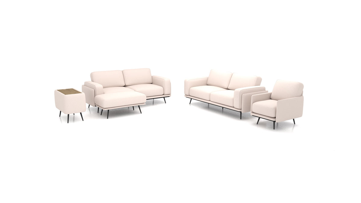 OIKO L+, modulares Sofa von FEYDOM im Stoff Hygge HG-04 Natur, dunkles Holz