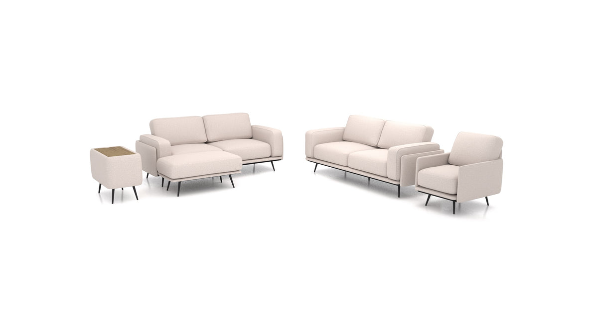 OIKO L+, modulares Sofa von FEYDOM im Stoff Hygge HG-08 Cappuccino, dunkles Holz