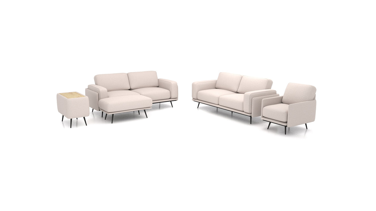 OIKO L+, modulares Sofa von FEYDOM im Stoff Hygge HG-08 Cappuccino, helles Holz