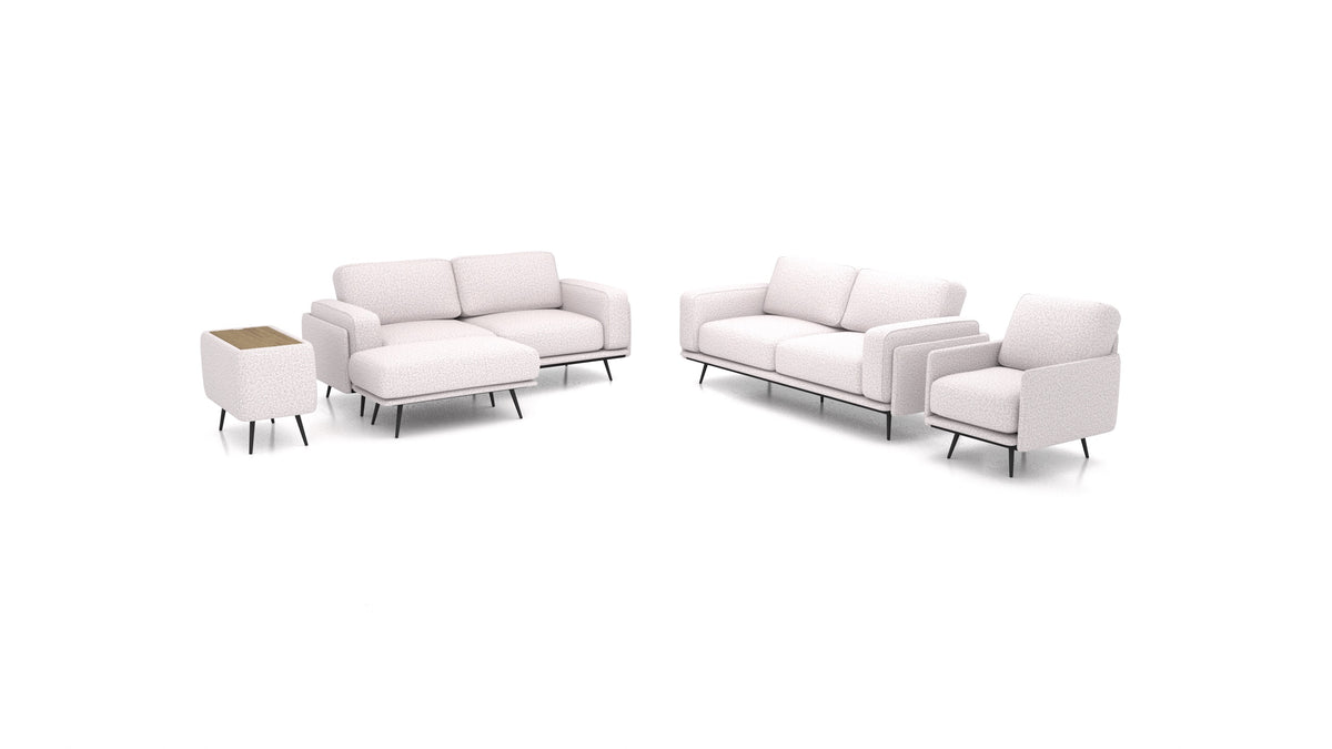 OIKO L+, modulares Sofa von FEYDOM im Stoff Hygge HG-09 Light Grey, dunkles Holz