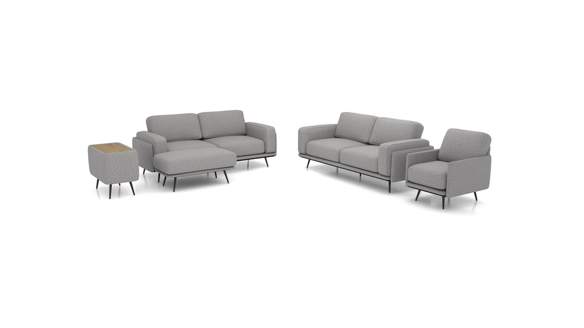 OIKO L+, modulares Sofa von FEYDOM im Stoff Hygge HG-92 Medium Grey, dunkles Holz